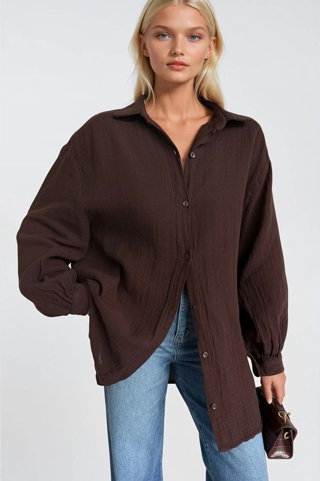 Black Fashion Cămașă Maro Casual Croială Supradimensionată Mâneci Lungi Îmbrăcăminte cu ridicata De stradă