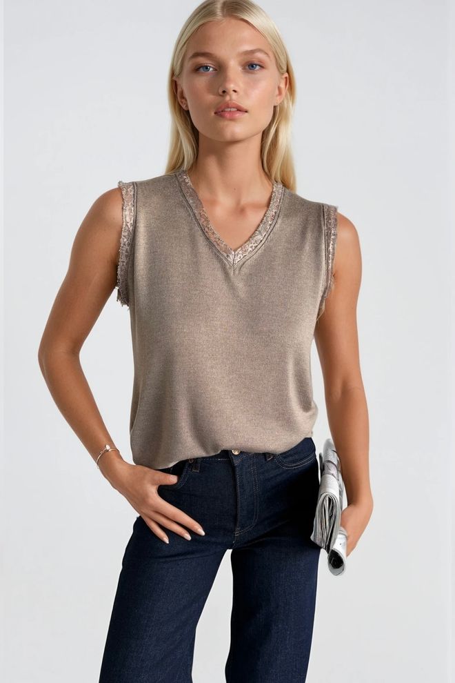 Black Fashion Bluză Tricotată Fără Mâneci Cu Detalii Din Dantelă Nink Îmbrăcăminte cu ridicata Elegant