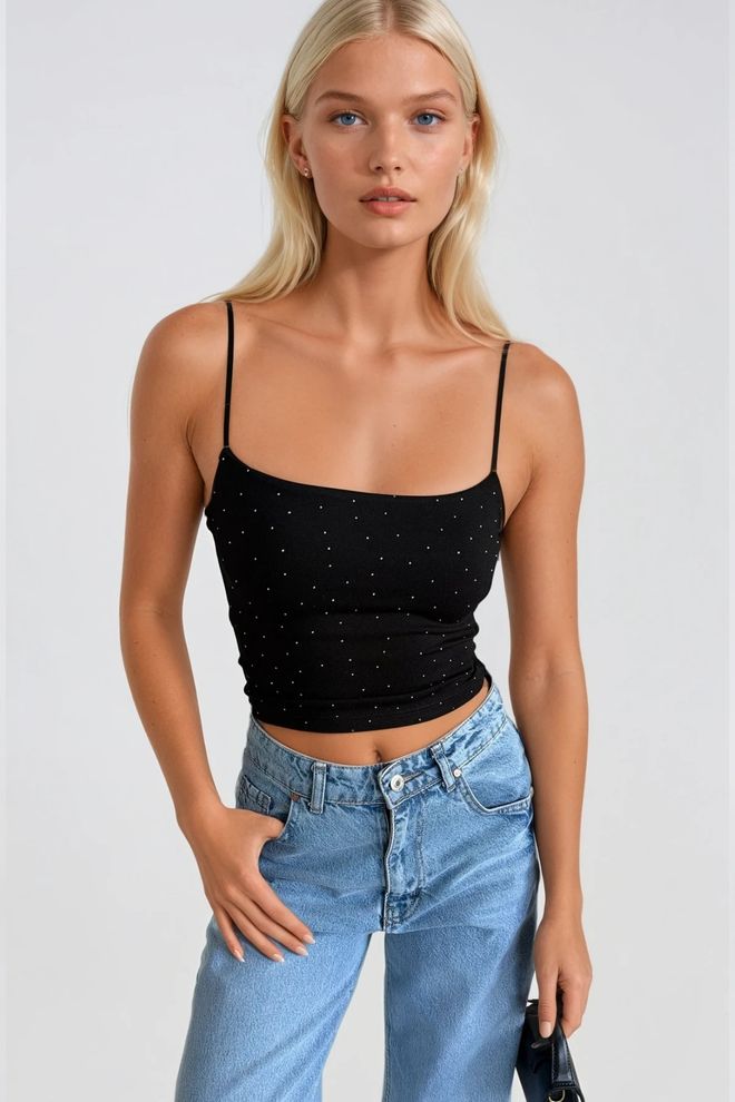 Black Fashion Črna Bleščeča Tanka Crop Bluza S Kapa Rokavi Oblačila na debelo Eleganten
