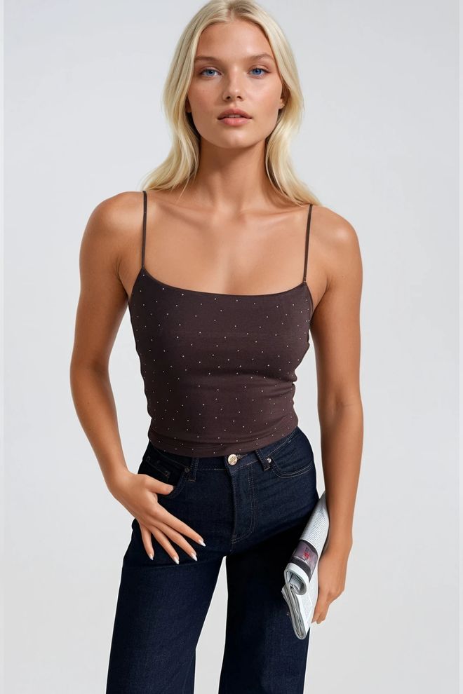 Black Fashion Rjava Pikčasta Brez Rokavov Ozka Krojena Obrezana Bluza S Kapami Oblačila na debelo Eleganten