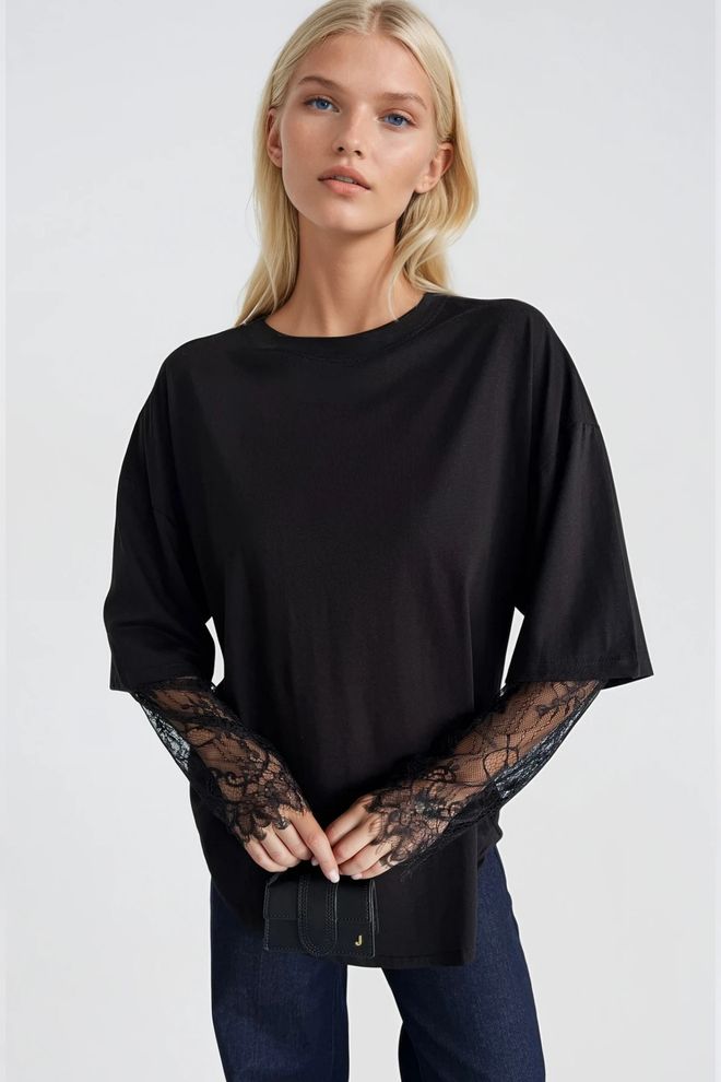 Black Fashion T shirt Oversize À Encolure Ronde Et Détail En Dentelle Noir Vêtements en gros Mignon