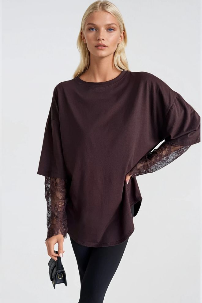 Black Fashion T shirt Oversize À Col Rond Avec Détail En Dentelle Marron Vêtements en gros Mignon