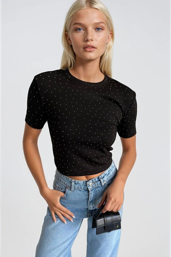 Black Fashion T shirt Court En Lycra À Détails En Pierre Noir Vêtements en gros Élégant