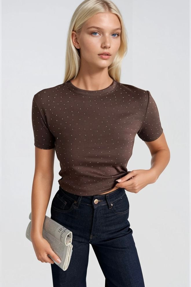 Black Fashion T shirt Court En Lycra À Détails En Pierre Marron Vêtements en gros Élégant