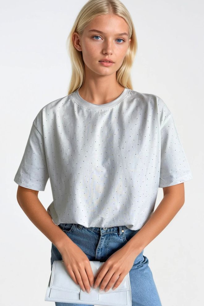 Black Fashion T shirt À Col Rond Avec Détails En Pierre Blanc Vêtements en gros Élégant