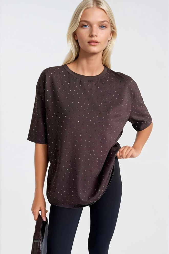 Black Fashion T shirt À Col Rond Avec Détails En Pierre Marron Vêtements en gros Élégant