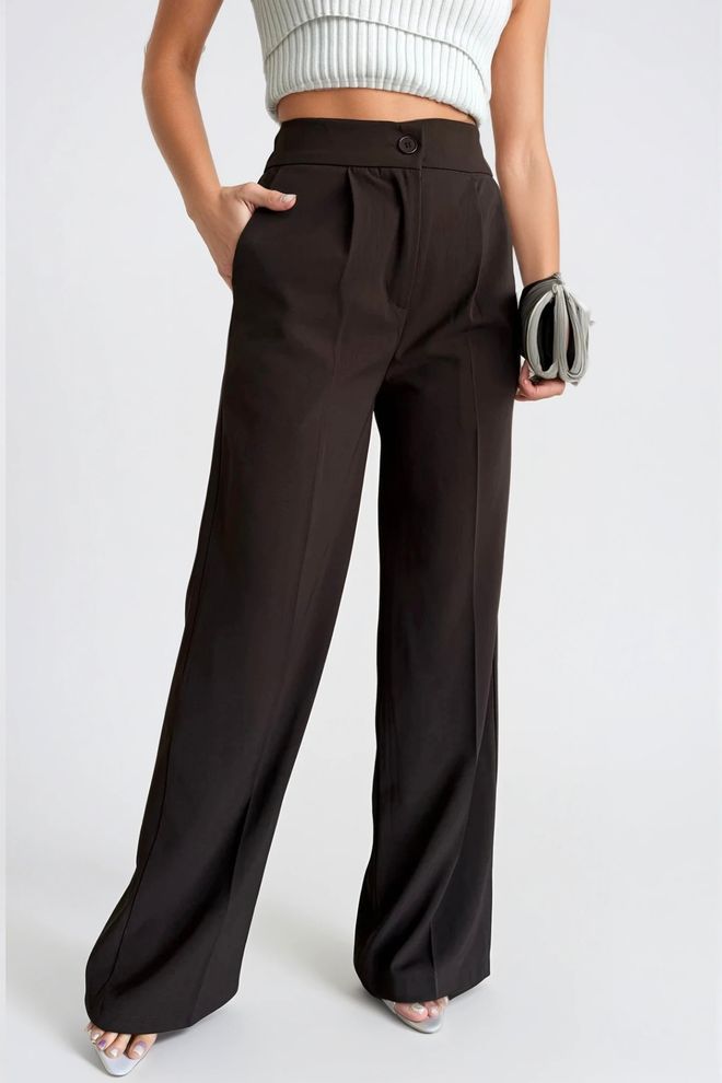 Black Fashion Pantalon Palazzo Basique À Boutons Marron Vêtements en gros Décontracté