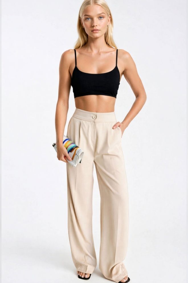 Black Fashion Bež Palazzo Hlače Z Visokim Pasom In Širokimi Hlačnicami (Beige Palazzo Pants With High Waist And Wide Leg) Oblačila na debelo Ležerno