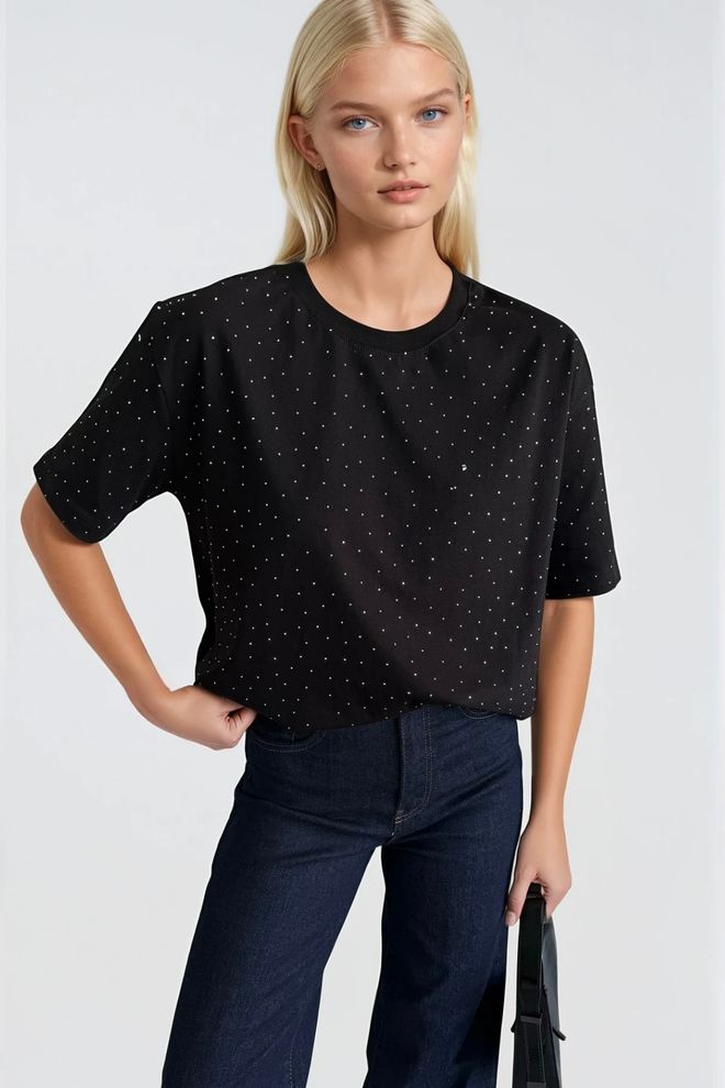 Black Fashion T shirt À Col Rond Avec Détails En Pierre Noir Vêtements en gros Élégant