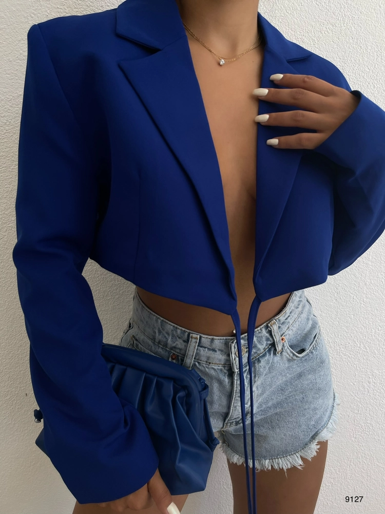 A model wears 38809 - Jacket - Blue, wholesale Jacket of Black Fashion to display at Lonca