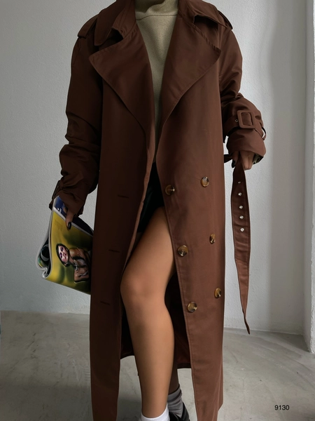A model wears 38812 - Trenchcoat - Brown, wholesale Trenchcoat of Black Fashion to display at Lonca