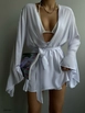 A wholesale clothing model wears bla10674-flywheel-sleeve-tie-kimono-white, Turkish wholesale  of 