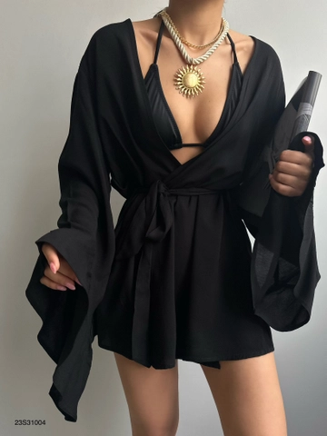 Un model de îmbrăcăminte angro poartă  Kimono Cravată Cu Mânecă Volantă - Negru
, turcesc angro Chimono de Black Fashion
