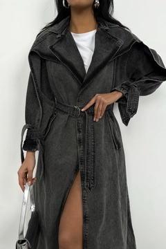 A wholesale clothing model wears bla11318-denim-trench-coat-snow-wash-smoked, Turkish wholesale Trenchcoat of Black Fashion