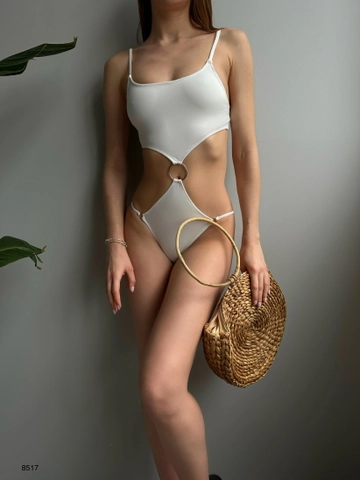 A wholesale clothing model wears  Monokini - White
, Turkish wholesale Swimwear of Black Fashion