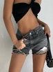 A wholesale clothing model wears bla10587-fringed-denim-shorts-black, Turkish wholesale  of 