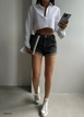 A wholesale clothing model wears bla10604-double-leg-denim-shorts-black, Turkish wholesale  of 