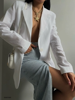 A wholesale clothing model wears BLA10583 - One Button Linen Blazer - White, Turkish wholesale Jacket of Black Fashion