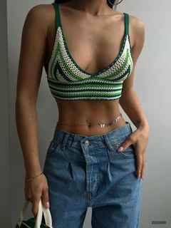 A wholesale clothing model wears BLA10613 - Patterned Knit Crop - Green, Turkish wholesale Crop Top of Black Fashion