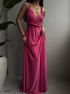 A wholesale clothing model wears BLA10381 - Tie Maxi Dress - Fuchsia, Turkish wholesale Dress of Black Fashion