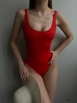 A wholesale clothing model wears bla10400-low-back-square-collar-swimsuit-red, Turkish wholesale  of 