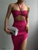 A wholesale clothing model wears bla10517-neck-banded-slit-dress-fuchsia, Turkish wholesale  of 