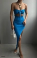 A wholesale clothing model wears bla10518-neckline-slit-dress-blue, Turkish wholesale  of 