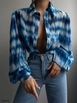A wholesale clothing model wears bla10536-patterned-chiffon-shirt-blue, Turkish wholesale  of 