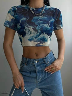 A wholesale clothing model wears BLA10560 - Patterned Tulle Blouse - Blue, Turkish wholesale Crop Top of Black Fashion