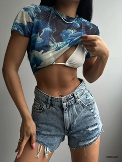 A wholesale clothing model wears BLA10560 - Patterned Tulle Blouse - Blue, Turkish wholesale Crop Top of Black Fashion