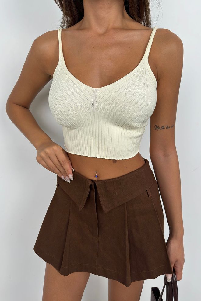 Black Fashion V Yaka Crop Bluz Ekru Toptan Giyim Gündelik