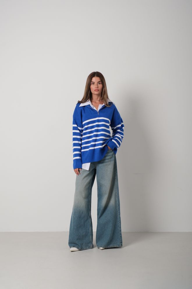 Black Fashion Striped Zippered Knitwear Sweater Saxe White Wholesale Clothing Casual