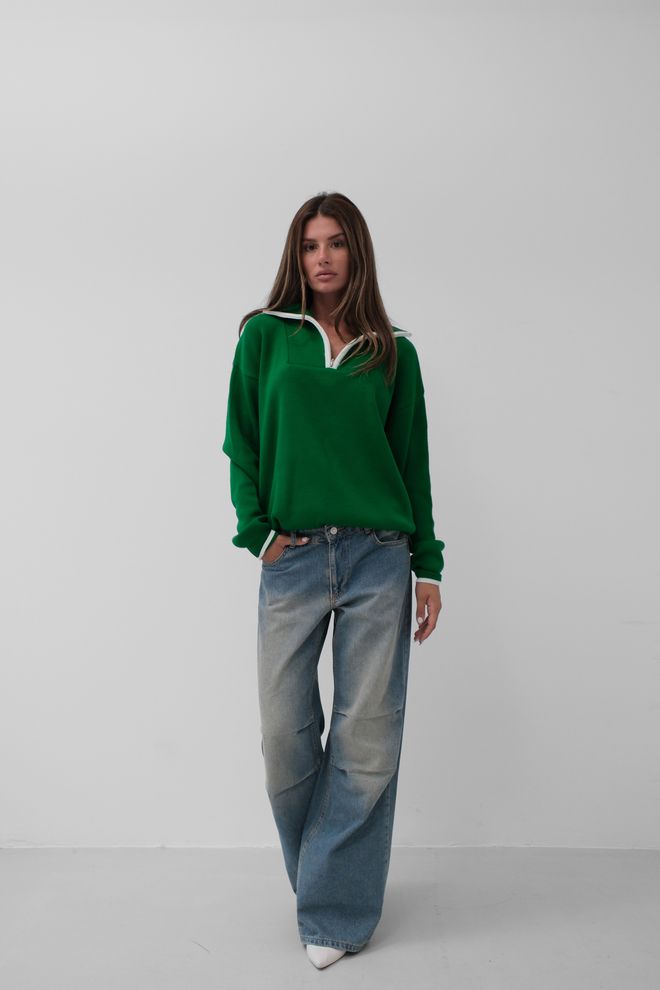 Black Fashion Collar Zipper Detail Oversize Sweater Green Wholesale Clothing Casual