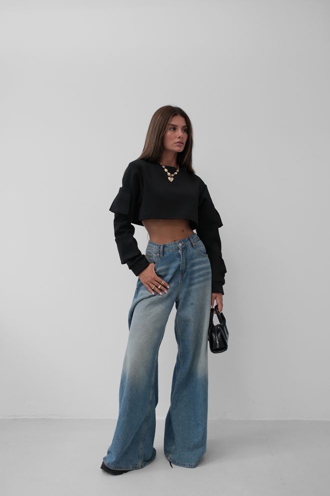 Black Fashion Felpa Corta Con Tasche Nera Abbigliamento all'ingrosso 0