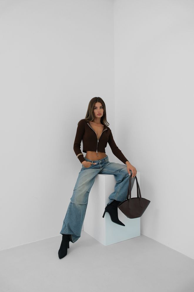 Black Fashion Pull En Maille Zippé À Col Polo Marron Vêtements en gros Décontracté