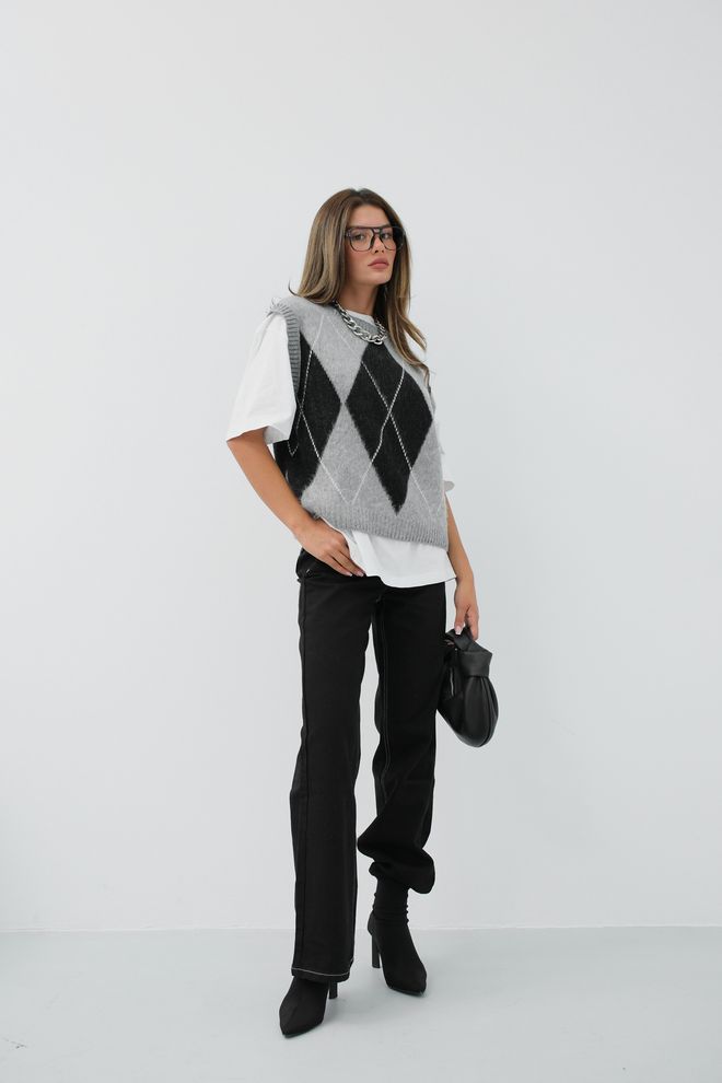 Black Fashion Diamond Patterned Crop Sweater Gray Wholesale Clothing Casual