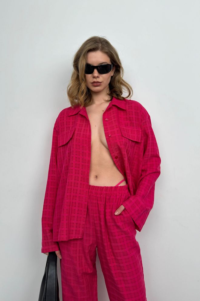 Black Fashion Pocket Shirt Pants Double Suit Fuchsia Wholesale Clothing Spring