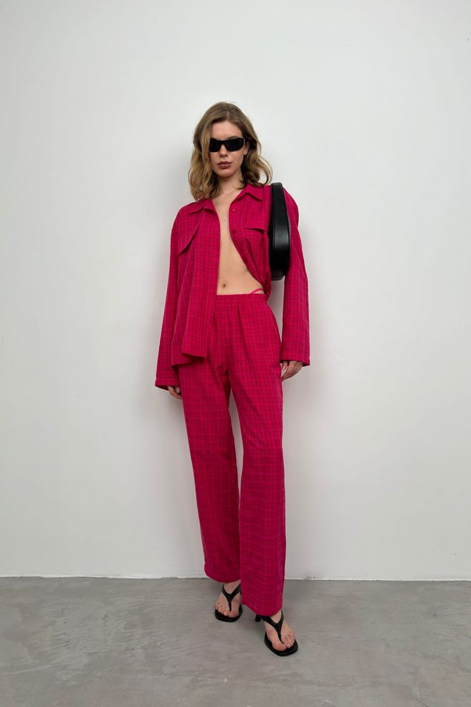 Black Fashion Pocket Shirt Pants Double Suit Fuchsia Wholesale Clothing Polyester