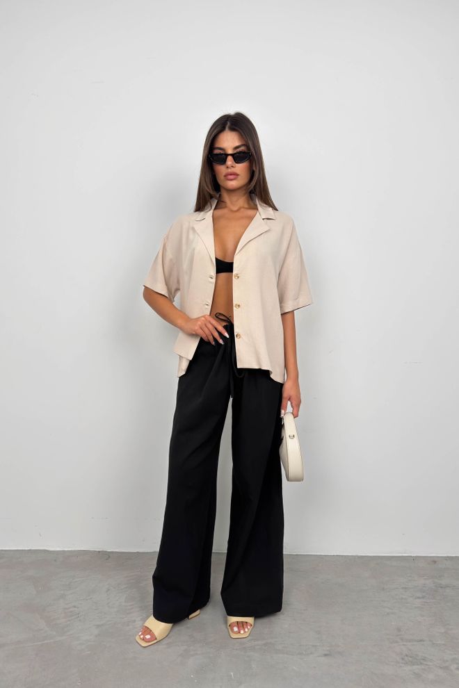 Black Fashion Linnen overhemd met jaskraag Beige Groothandel Kleding Casual