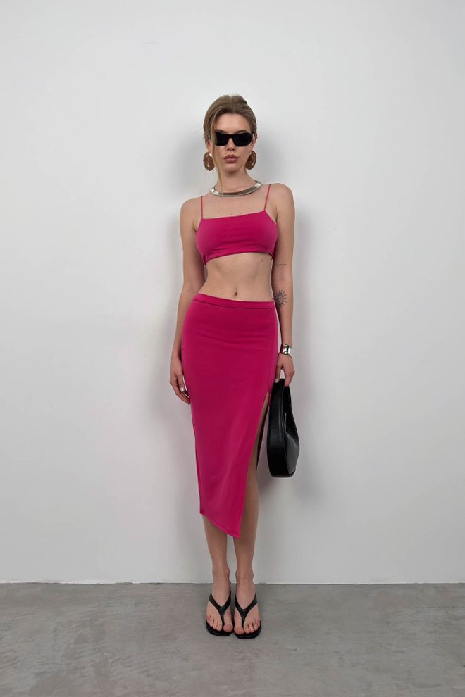 Black Fashion Костюм С Укороченной Юбкой И Разрезом На Бретельках Фуксия Оптовая продажа одежды Сексуальный