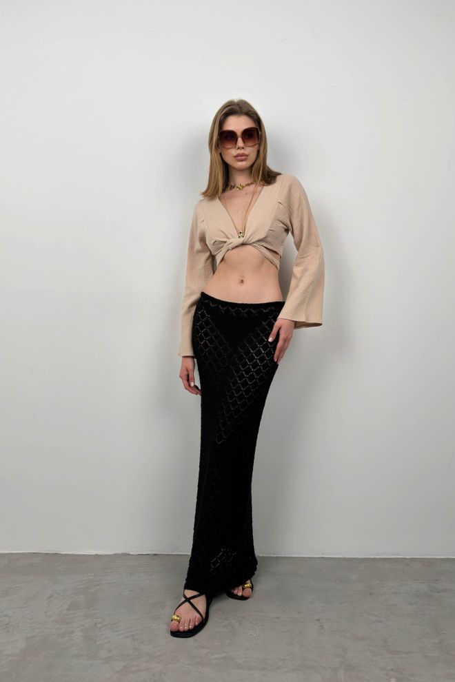Black Fashion Volan Kol Bağlamalı Bluz Bej Toptan Giyim Gündelik