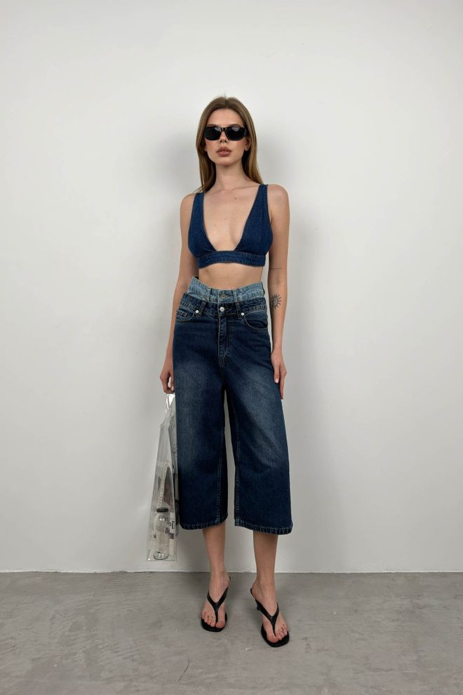 Black Fashion Denim Crop Bra Dark Blue Wholesale Clothing Sexy