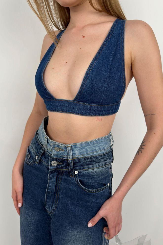 Black Fashion Denim Crop Bra Dark Blue Wholesale Clothing Party