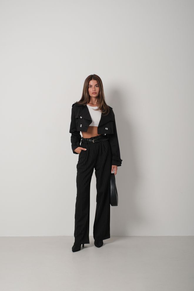 Black Fashion Λεπτομέρεια Ζώνης Crop Trench Coat Μαύρο Χονδρικό εμπόριο ενδυμάτων Casual