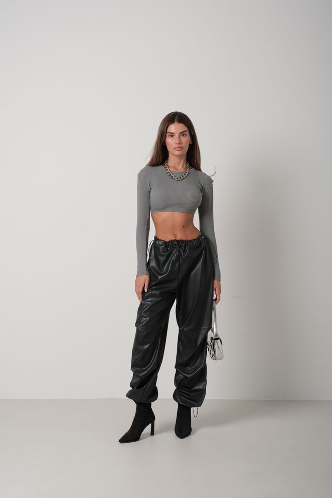 Black Fashion Блуза От Трикотаж Basic Crop Сива Дрехи на едро Небрежен