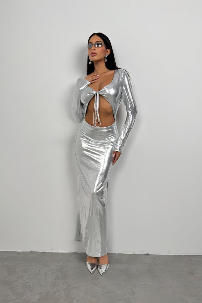 Black Fashion Abito scollato con allacciatura sul petto Argento Abbigliamento all'ingrosso Sexy