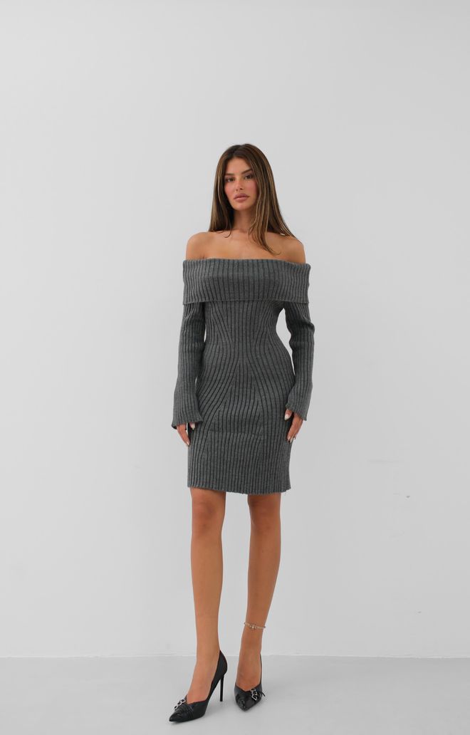Black Fashion Midi Pletena Obleka Z Odprtimi Rameni – Siva Oblačila na debelo Formalno