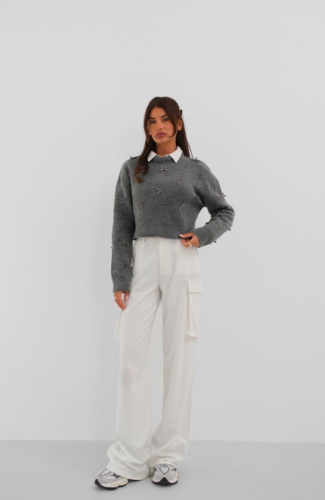 Black Fashion Bow Detailed Knitted Sweater Gray Wholesale Clothing Casual