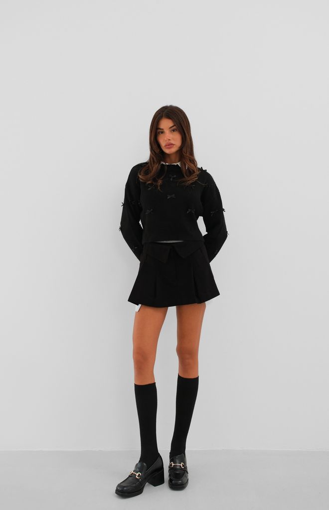 Black Fashion Bow Detailed Knitted Sweater Black Wholesale Clothing Casual