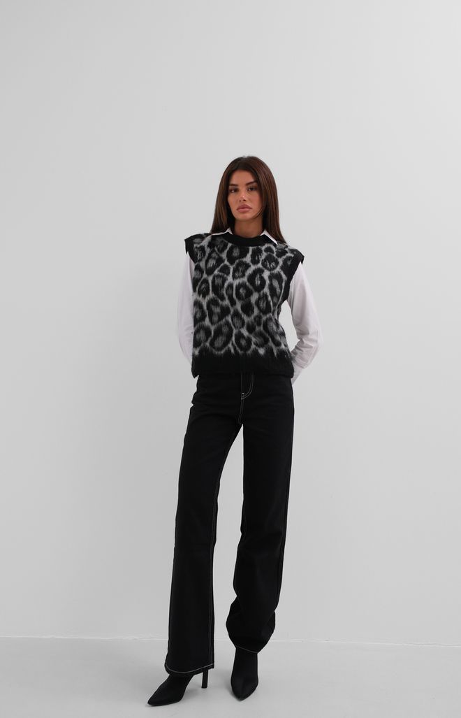 Black Fashion Bärtiger Strickpullover Mit Leopardenmuster – Schwarz Großhandelskleidung Lässig
